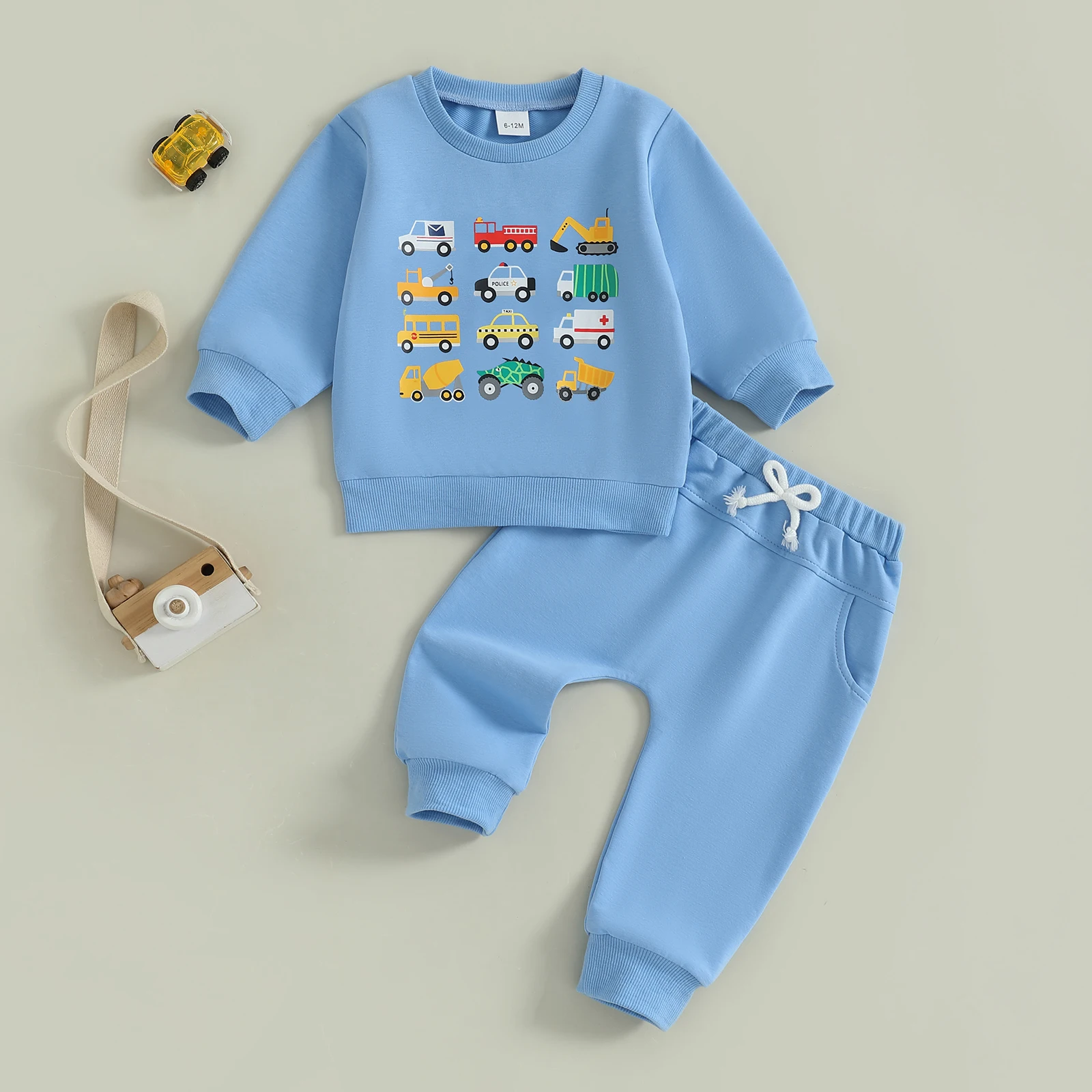 Conjunto de otoño para bebé, sudadera de manga larga con estampado de vehículo y pantalones de cintura elástica, ropa de 2 piezas para niños pequeños
