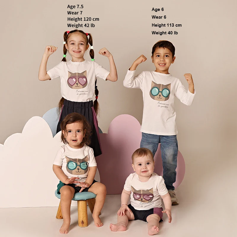 AA SS25 Ropa para niños Niño y niña Gato con gafas de sol Camiseta estampada con mezclilla y falda/polainas acanaladas Ropa casual para niños