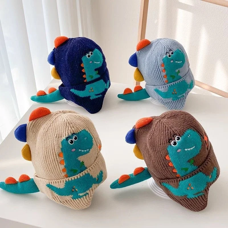 Gorro cálido de invierno con protección para los oídos para bebé, gorro súper bonito de dinosaurio 3D para niños, gorros tejidos de lana con dibujos animados para niños de 1 a 6 años - imagen 2