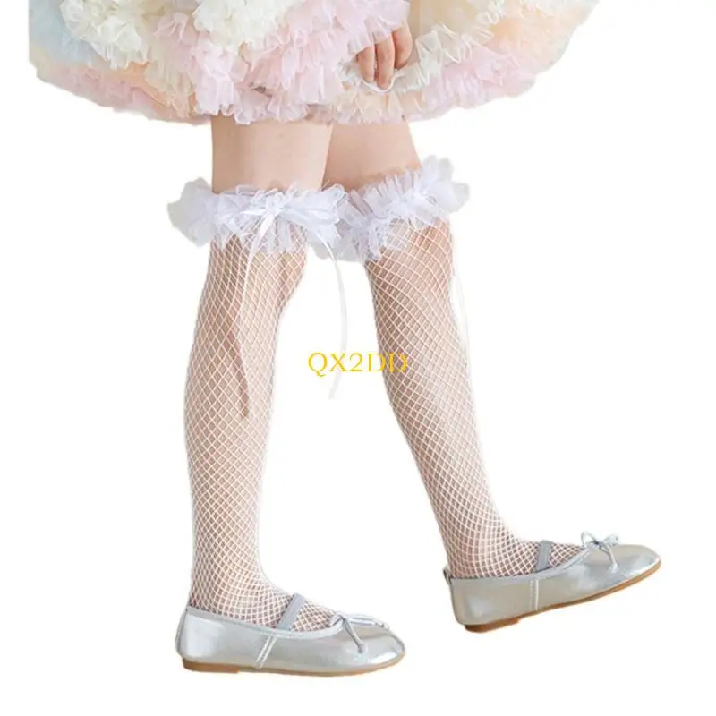 QX2D Calcetines dulces encaje delicado para niños con precioso ribete lazo hasta pantorrilla