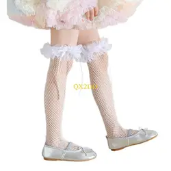QX2D Calcetines dulces encaje delicado para niños con precioso ribete lazo hasta pantorrilla