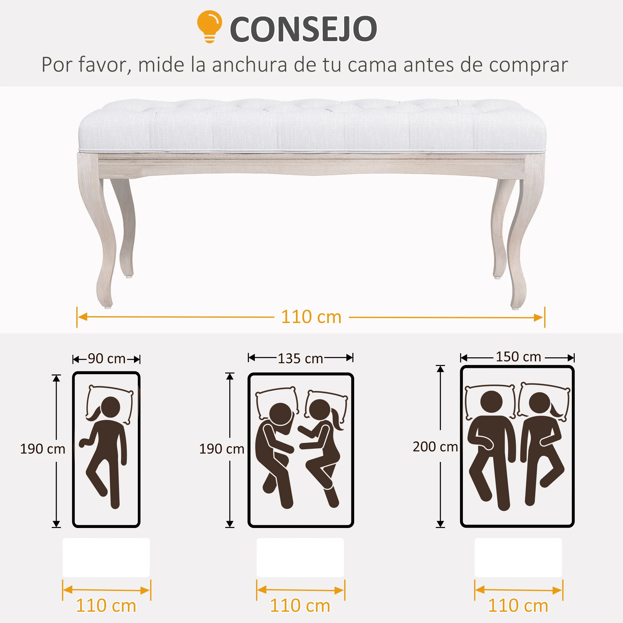 HOMCOM Taburete Pie de Cama Banco para Pie de Cama con Pies de Madera y Asiento Acolchado Carga 120 kg Banqueta de Dormitorio para Entrada Pasillo 110x37x49 cm Crema - imagen 4