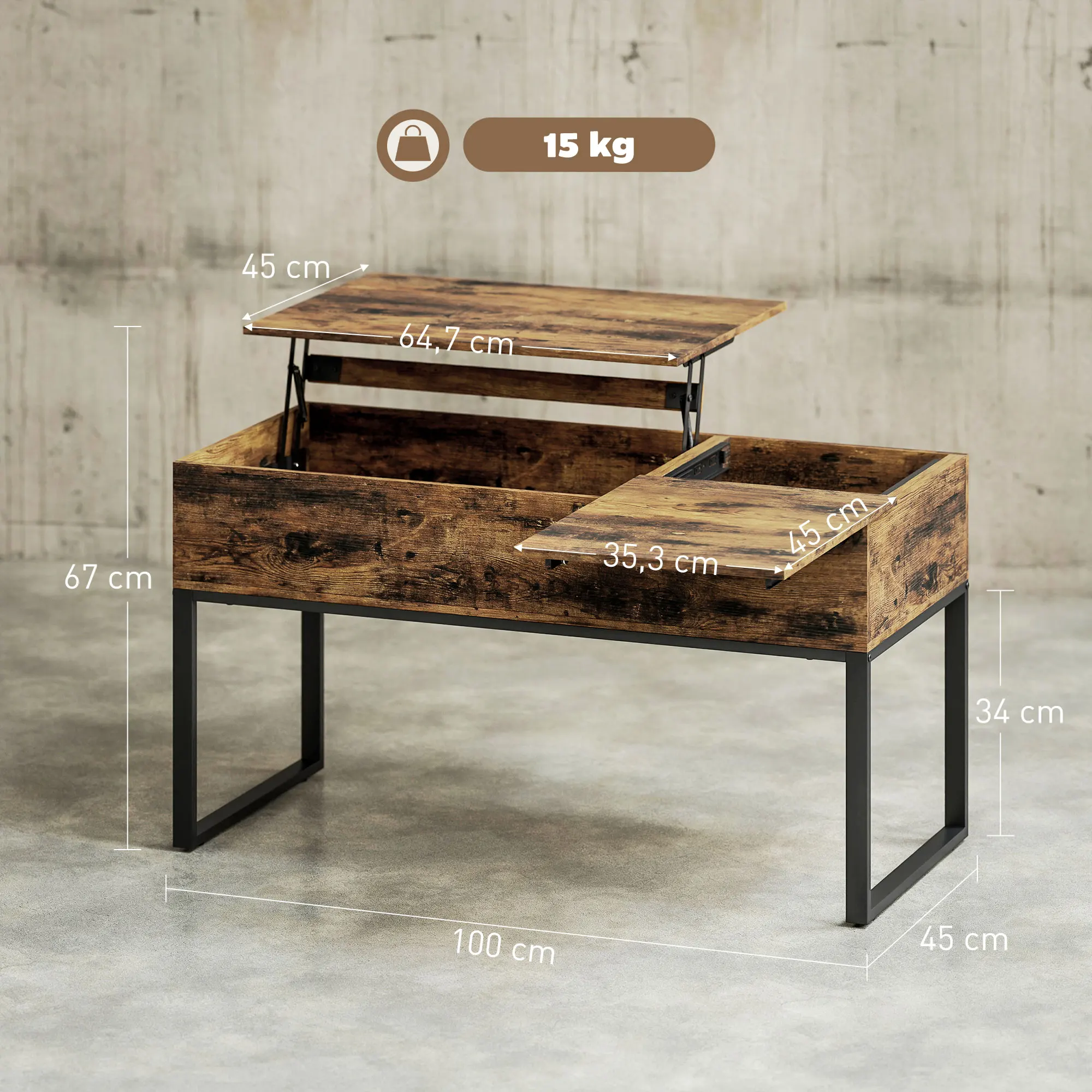 HOMCOM Mesa de Centro Elevable Mesa de Café con Encimera Deslizante Cierre Suave Espacio Oculto de Almacenaje 100x45x67 cm Marrón Rústico - imagen 3