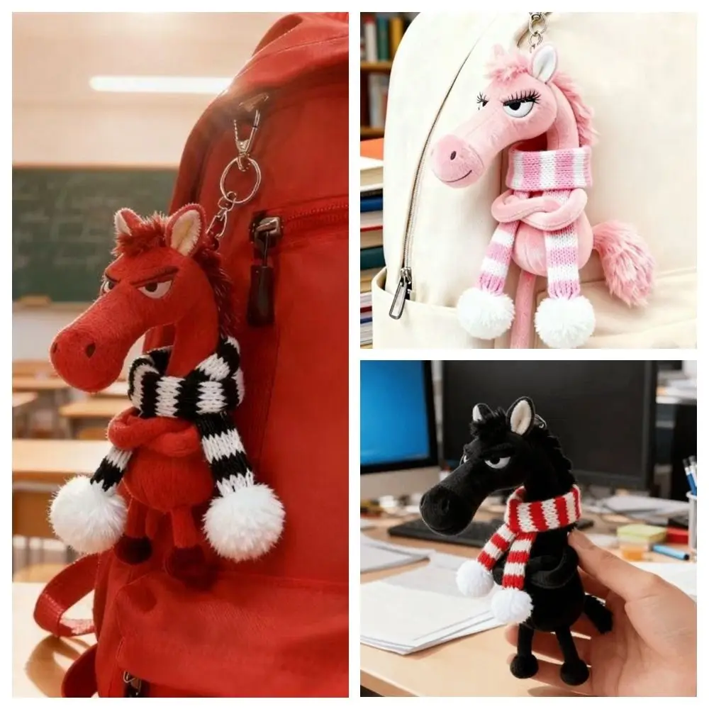 Lindo llavero de caballo de dibujos animados artesanía con bufanda Pony muñeco de peluche estilo de fantasía rosa caballo de simulación juguete regalo de Navidad - imagen 5