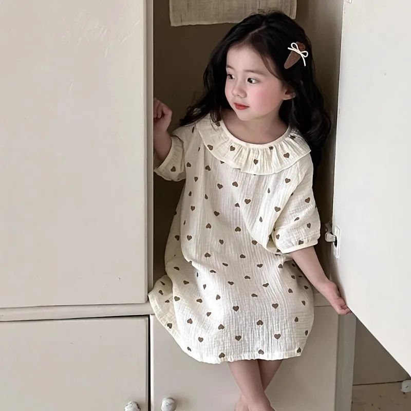 Nuevo camisón de princesa de gasa de algodón para niñas, vestido de dormir ligero con adornos de encaje para verano, ropa de casa con lazo estampado Floral, ropa de descanso, - imagen 3