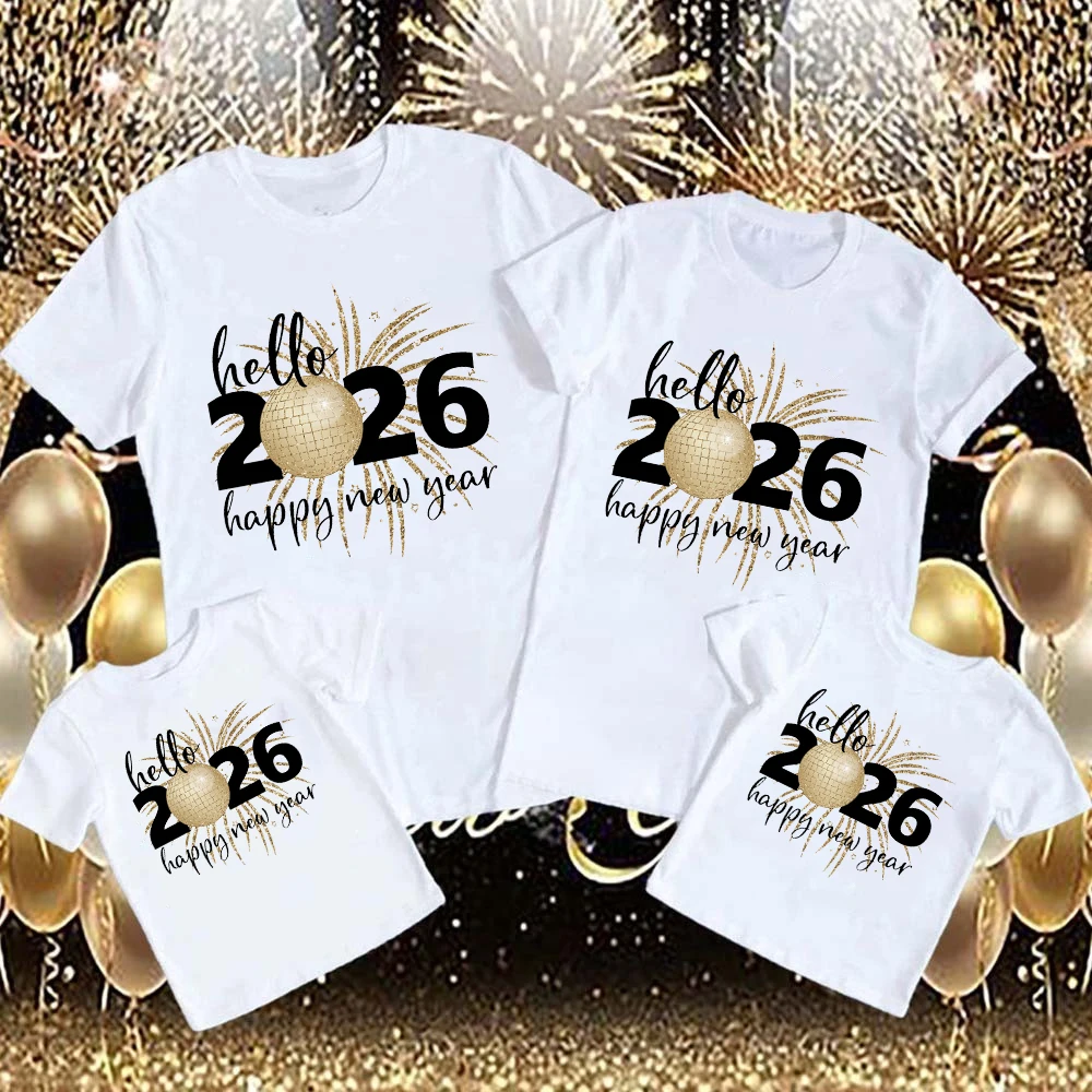 Hola 2026 Feliz Año Nuevo ropa a juego Feliz Año Nuevo papá mamá niños niñas camisa fiesta de vacaciones traje familiar Top