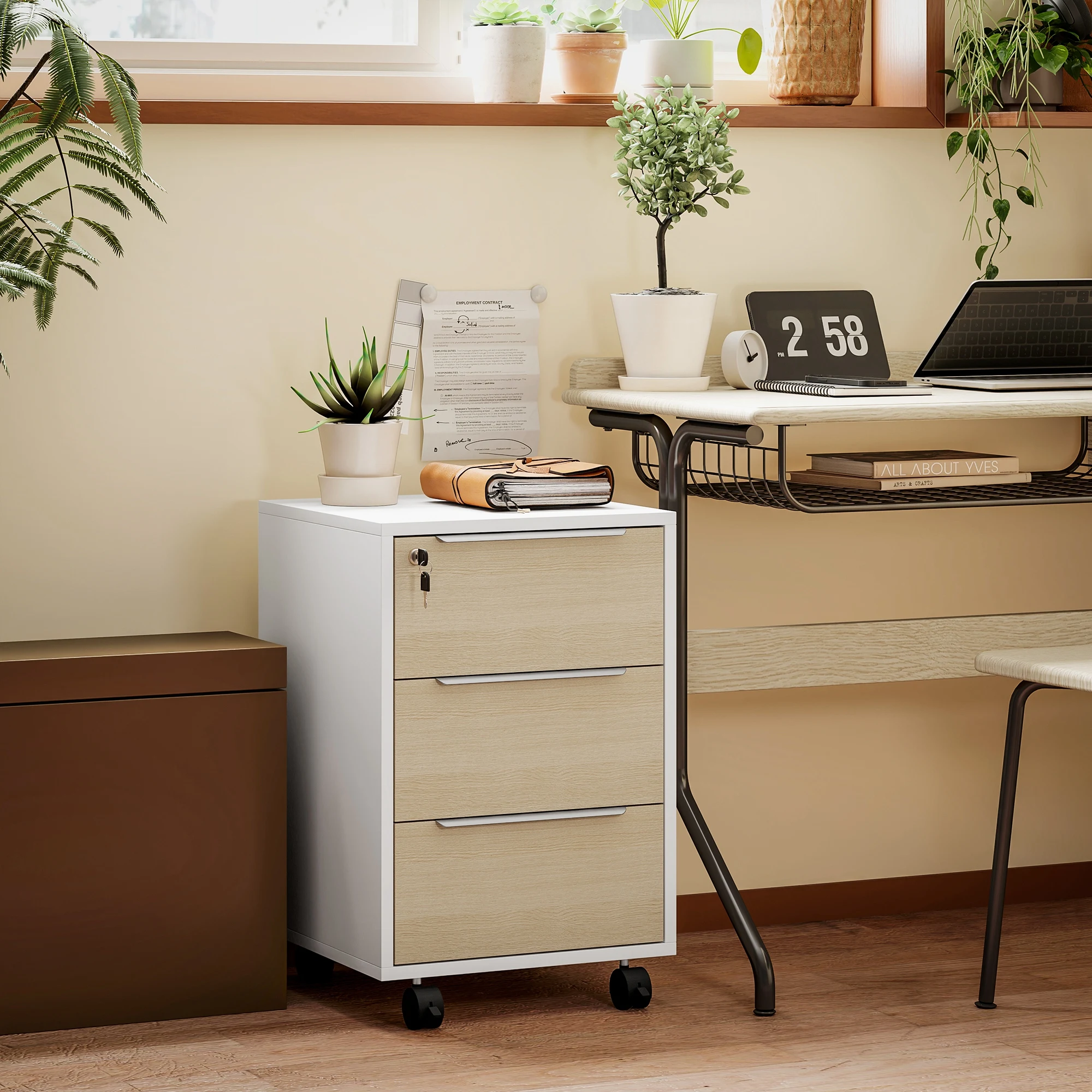 HOMCOM Cajonera de Escritorio con 3 Cajones Cajonera de Oficina con Ruedas Cerradura y 2 Llaves Archivador Móvil para Estudio Salón 40x40x63,5 cm Blanco y Roble - imagen 2