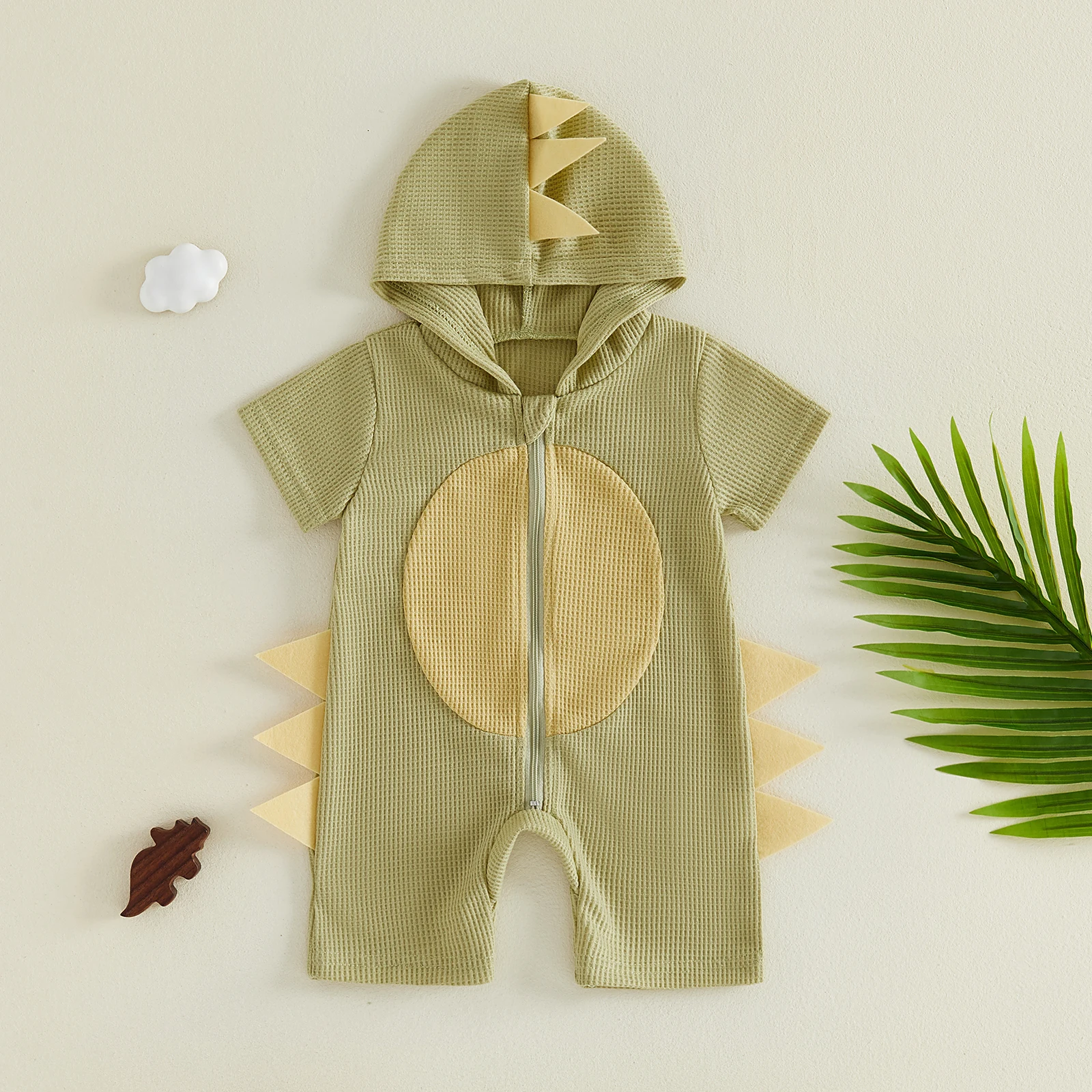 Mono de verano con capucha, tejido gofrado y dinosaurio para bebé niño
