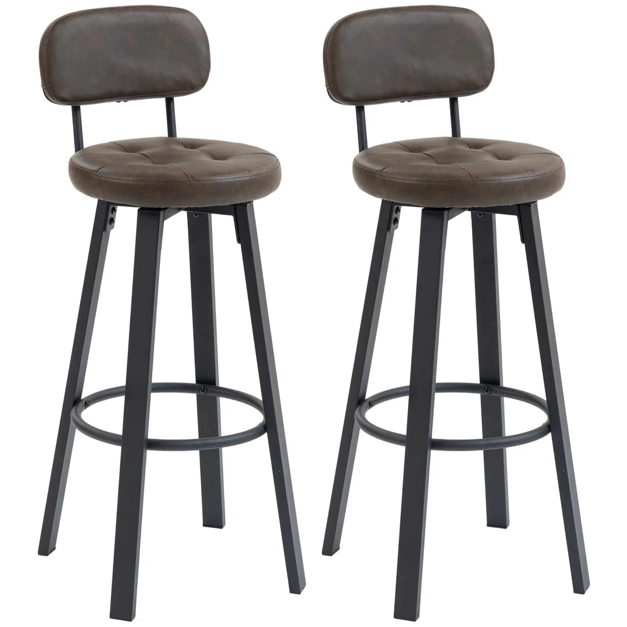HOMCOM Juego de 2 Taburetes de Bar, Taburetes Altos de Cocina Giratorios, Tapizados de PU, con Respaldo, Marco de Metal, Reposapiés, Asiento de 76,5 cm de Altura