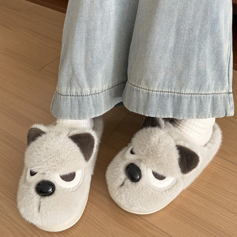 Zapatillas peludas de perro enojado para interiores para mujeres y hombres, zapatos cálidos para casa, chanclas de algodón para el suelo del hogar con dibujos divertidos de felpa suave para parejas - imagen 4