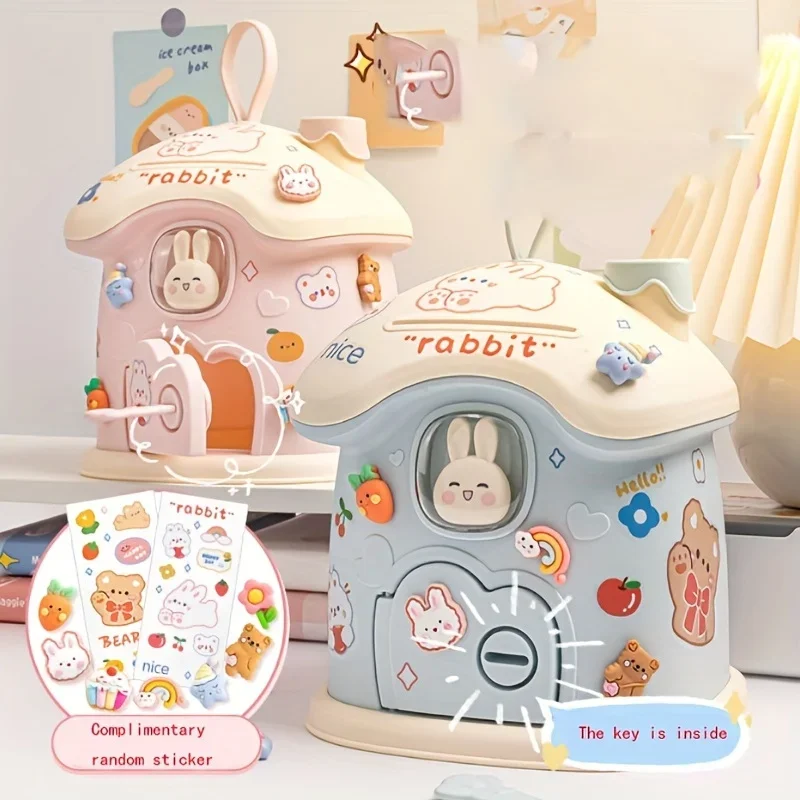 Piggy Bank for Kids with Keys Girls Money Saving Bank with 3D DIY Cartoon Sticker Mushroom Piggy Money Coin Bank Gift for Boy