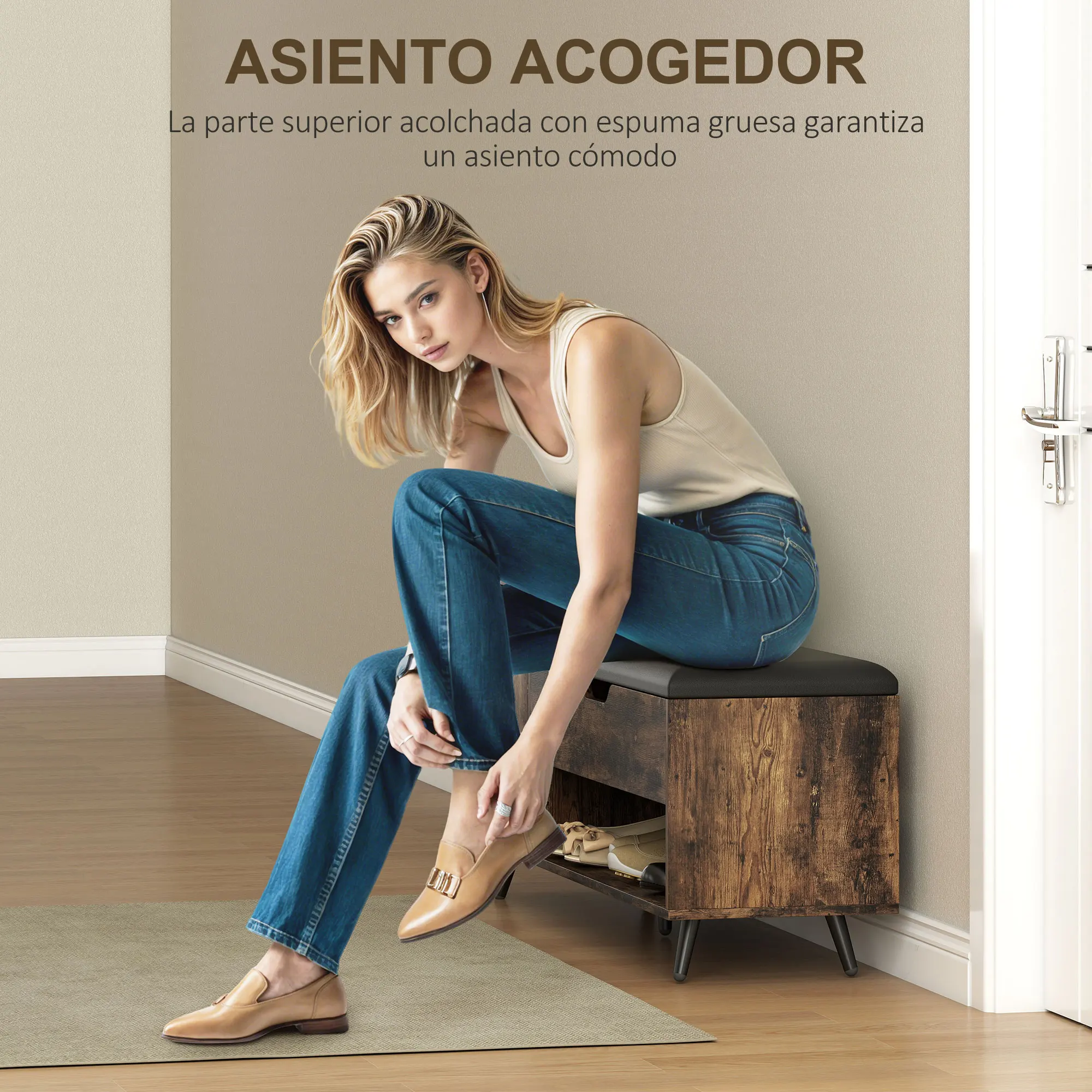 HOMCOM Banco Zapatero, Banco Recibidor Industrial, con Asiento Acolchado, Compartimento Oculto, Estantes, Puertas, Estante Abierto para 3 Pares de Zapatos, para Entrada, 127x35x59 cm, Marrón Rústico - imagen 5