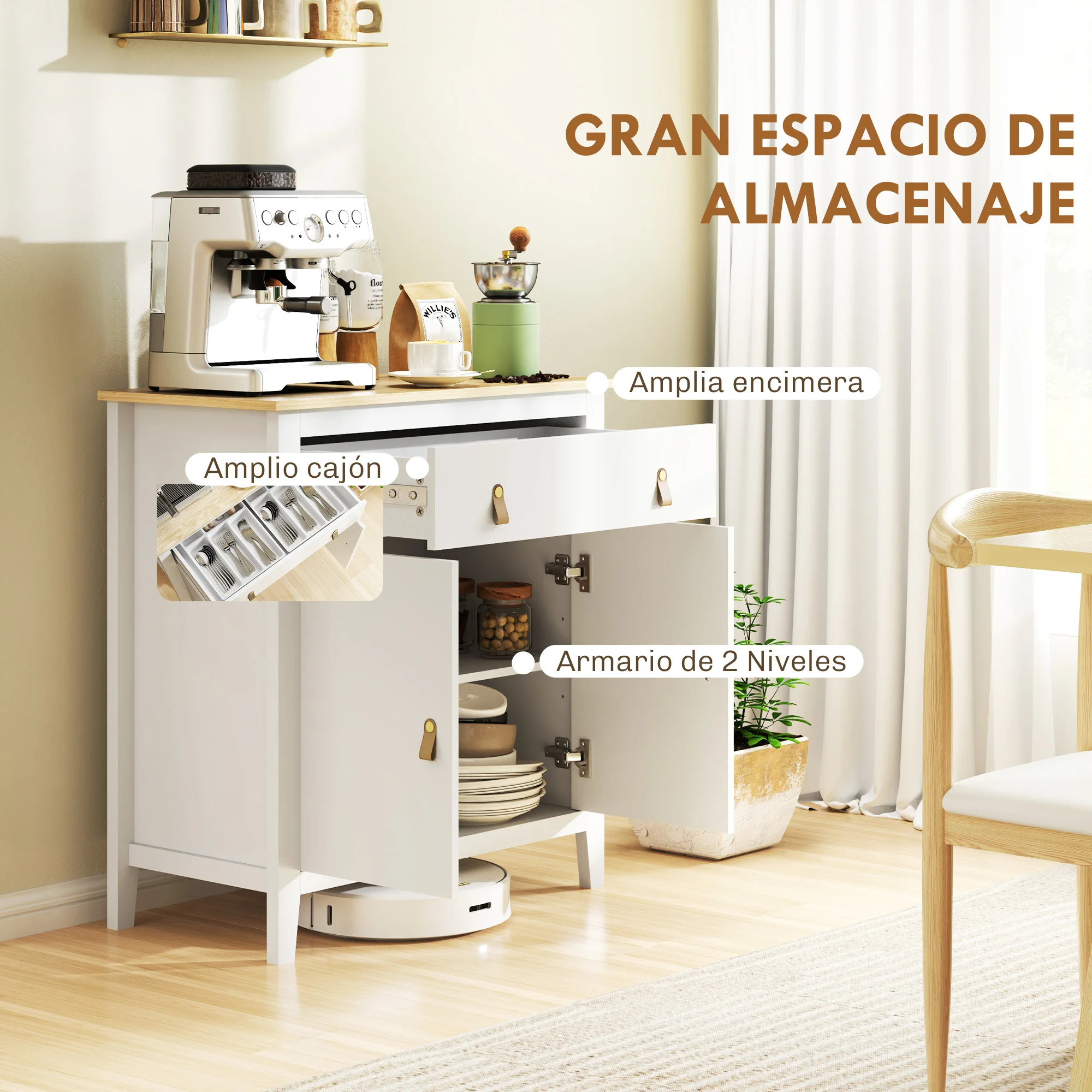 HOMCOM Aparador de 2 Puertas Aparador de Salón Moderno con Cajón Estante Ajustable y Tiradores de PU Mueble Auxiliar para Comedor Pasillo 80x40x90 cm Blanco y Roble - imagen 3