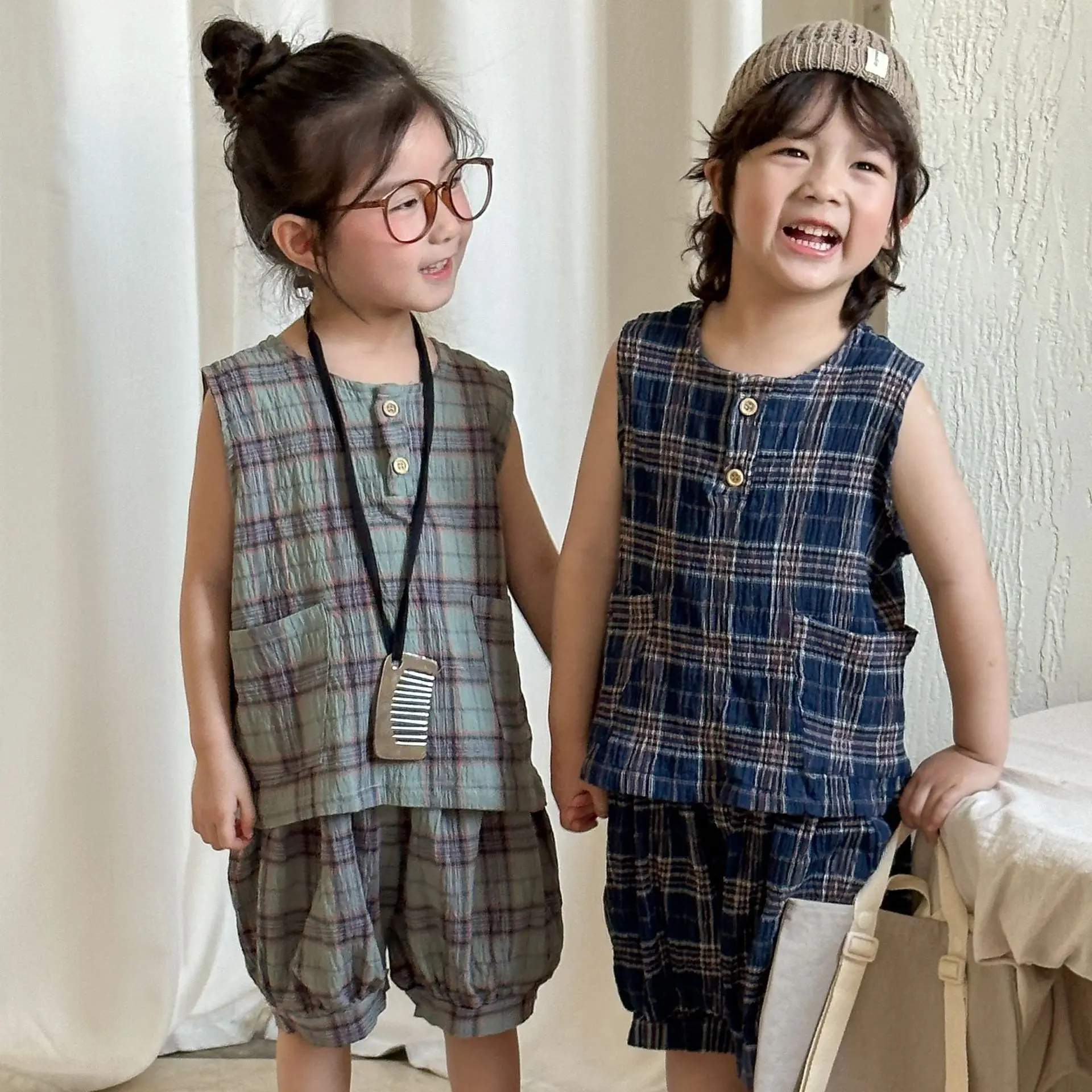 2 unids/set de ropa para niñas y niños, chaleco a cuadros + Pantalones cortos, ropa para niños - imagen 2