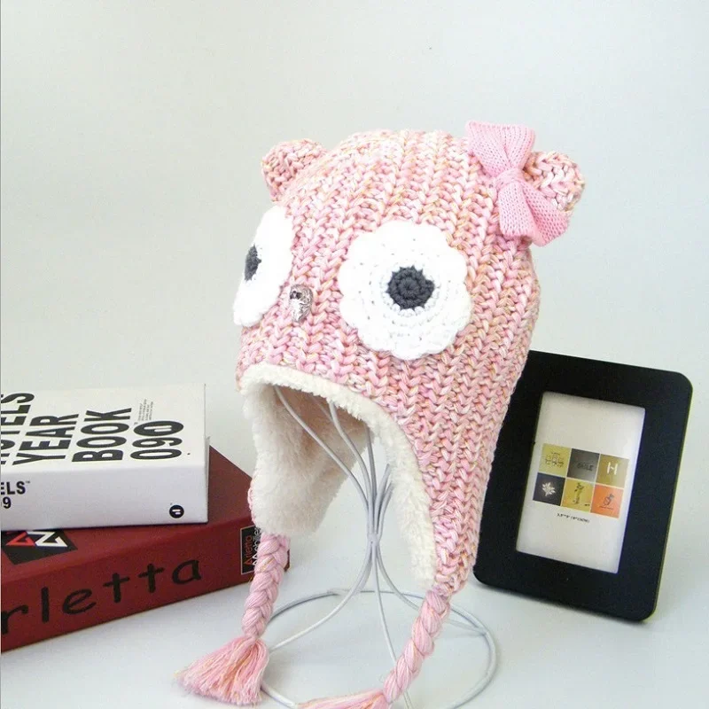 Gorro para niñas de 0 a 2 años, gorros de dibujos animados de búho rosa, gorros cálidos con forro de terciopelo para niñas, gorros de invierno para niños, accesorios de fotografía recién nacido - imagen 3
