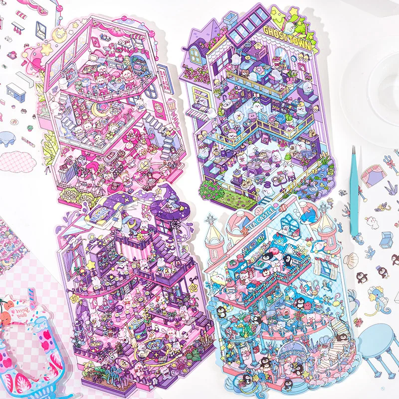 Tallas grandes 2.5D Castillo de dibujos animados ciudad paisaje pegatina escena DIY juego pegatina Festival regalo de cumpleaños para