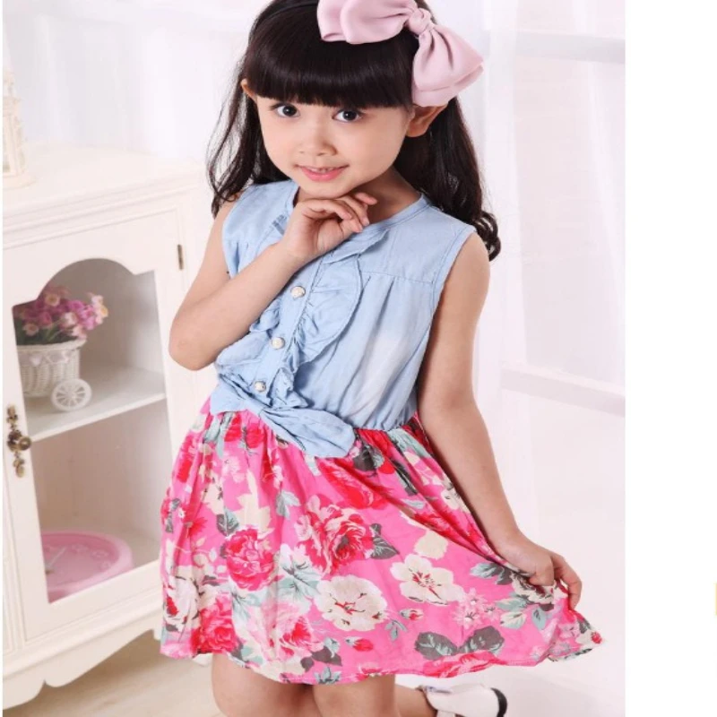 Nuevo vestido de verano de estilo coreano para niñas, bonito vestido Midi vaquero de mezcla de algodón con estampado Floral, falda sin mangas fresca y transpirable - imagen 3