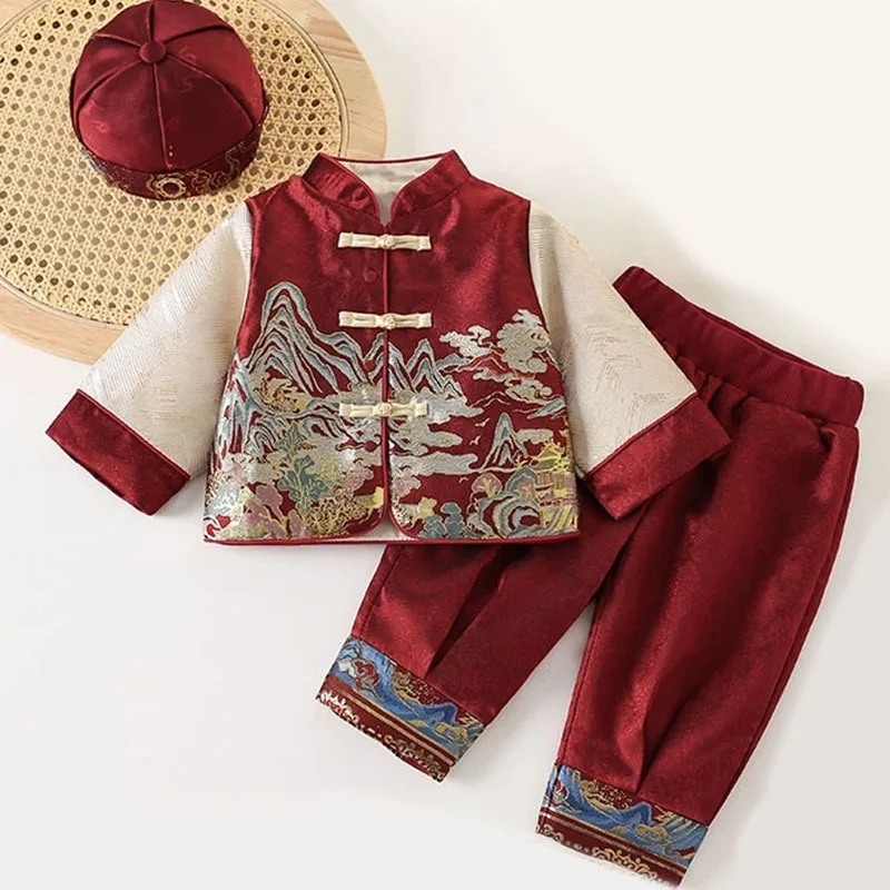 Conjuntos de 3 uds. De disfraces de otoño, ropa para bebé, Tops de manga larga de lana con estampado rojo de estilo chino, pantalones y sombrero, ropa de Boutique para niños B262