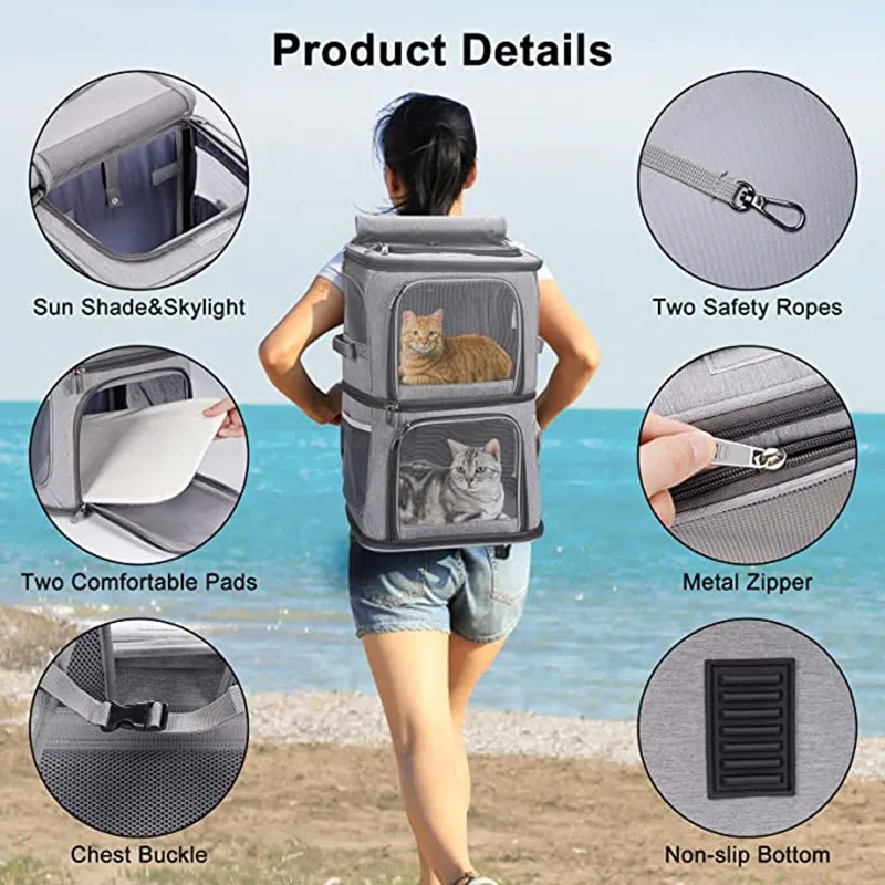 Suministros para mascotas, bolsa para mascotas de doble capa de gran capacidad, fácil de poner, dos mochilas para gatos, bolsa plegable de tela Oxford para perros - imagen 2