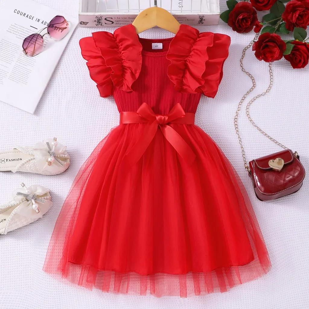 Vestido de malla para niña, vestido de verano de manga corta con cinturón y lazo, vestido de princesa bonito y dulce a la moda para fiesta de cumpleaños, vestido para niños de 3 4 5 6 7 años - imagen 3