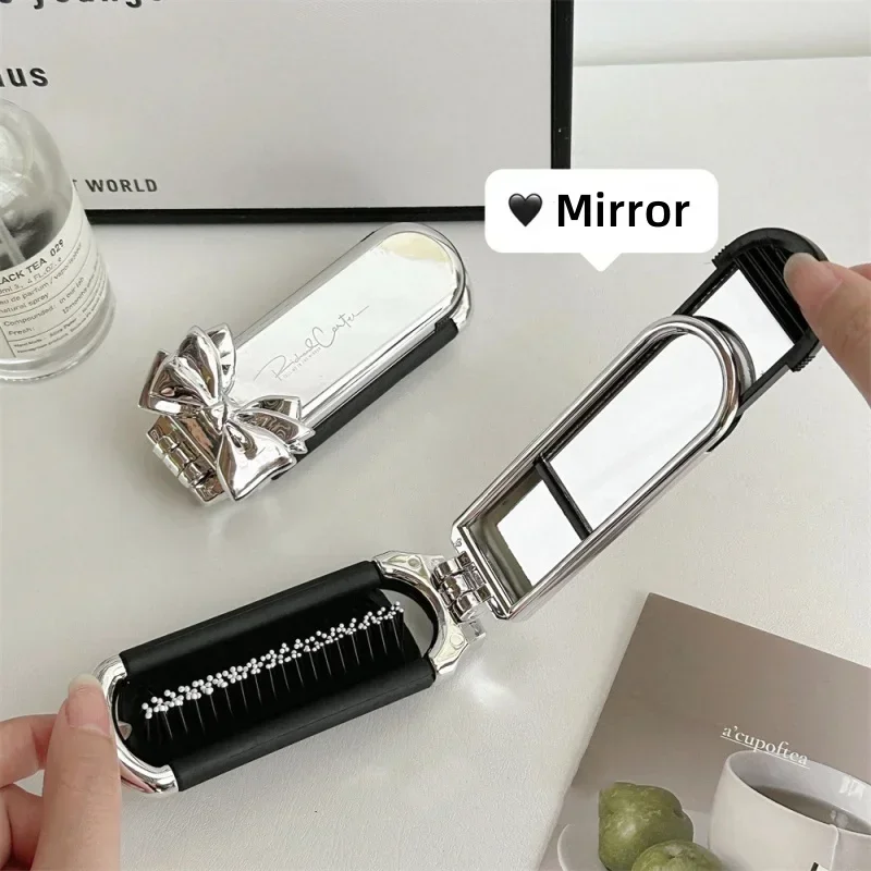 Cepillo de pelo sencillo con espejos para mujer y niña, peine con cojín de aire con lazo de Color plateado, peine portátil para viaje - imagen 3