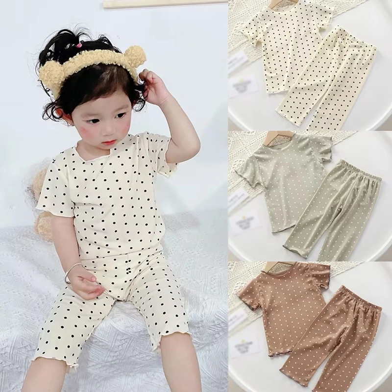 Conjunto de verano para bebés y niños, traje de manga corta y pantalones cortos con estampado de puntos suaves, ropa de verano para bebés de 0 a 4 años - imagen 2