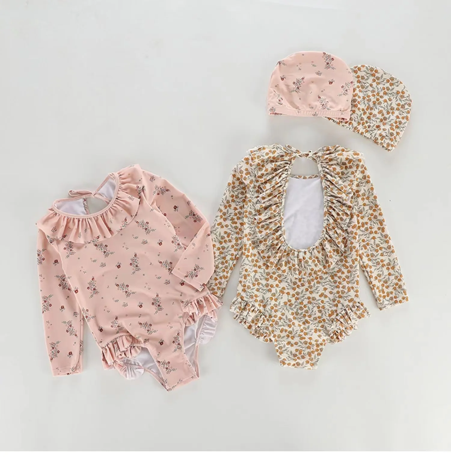 Milangel-traje de baño para niña, bañador Floral de una pieza con cuello de volantes
