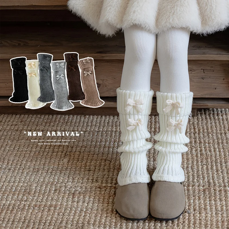 Calcetines hasta la rodilla para niñas, calentadores de piernas de punto cálidos para invierno, calcetines apilados con puños de lazo para niñas pequeñas, calcetines bonitos coreanos Kawaii marrones para botas - imagen 2