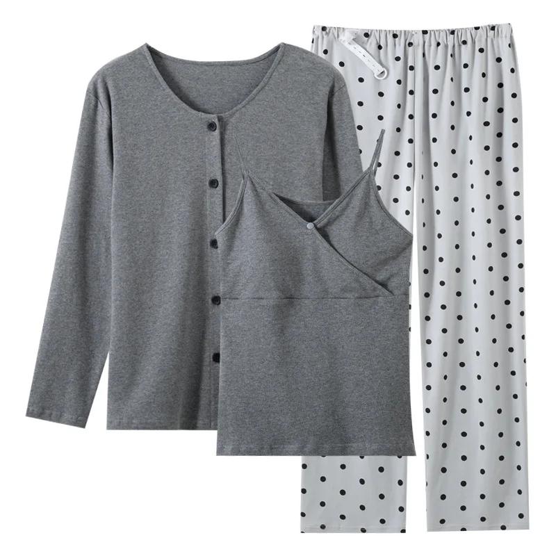 Ropa de lactancia para mujeres embarazadas, trajes de tres piezas, pantalones largos de manga larga, pijamas de lactancia, conjunto de ropa de maternidad de algodón para el hogar - imagen 2