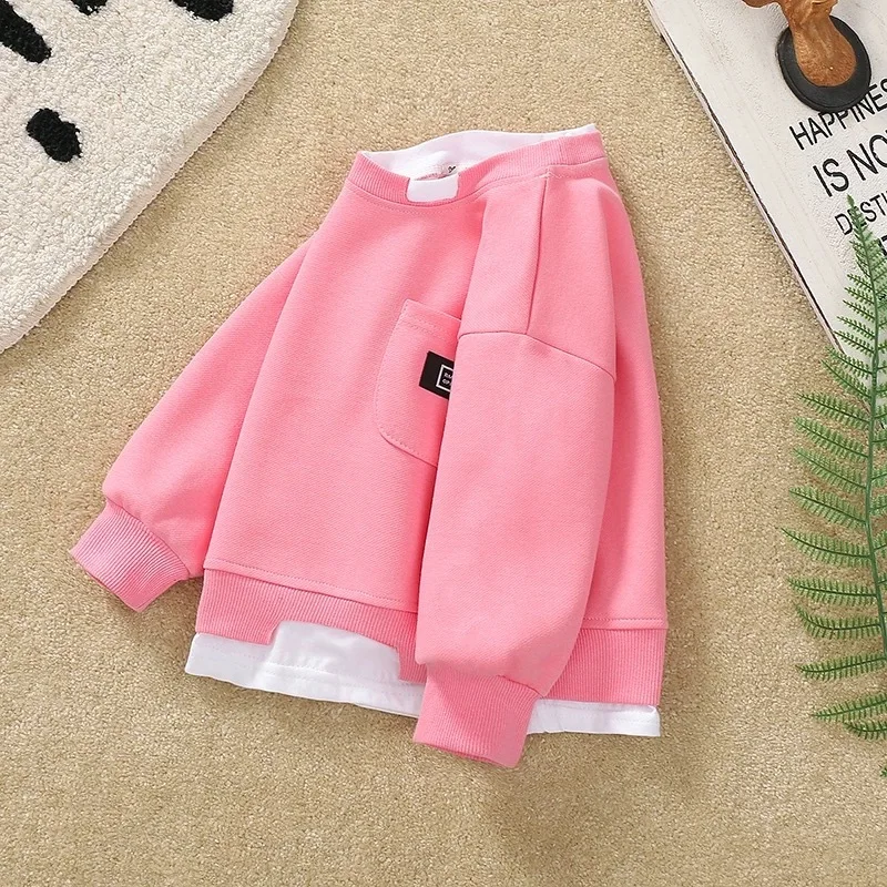 2025 Otoño Nueva sudadera falsa de dos piezas para niños coreanos: rosa de manga larga, bonita, agradable para la piel, versátil para uso diario y escolar - imagen 3