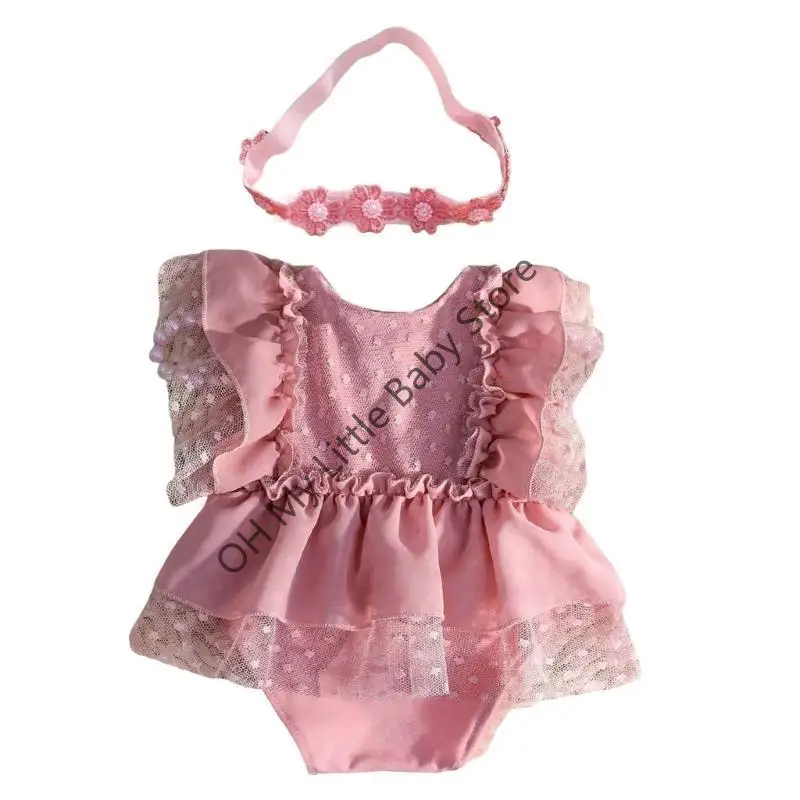 M76C Ropa para sesión fotos bebé, diadema flores y conjunto pelele, accesorios fotografía para niña
