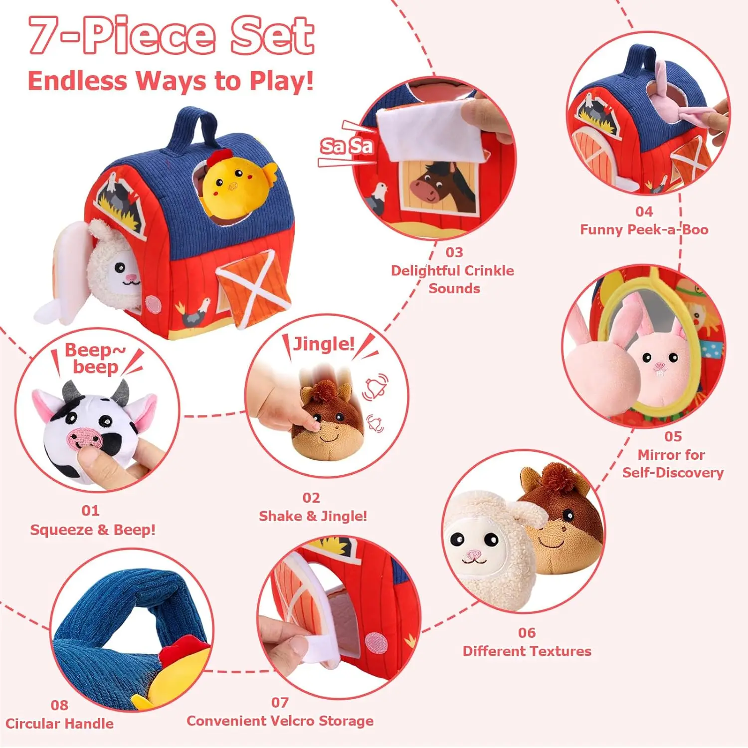 Granero sorpresa con animales de granja rellenos, 6 uds., con sonajero, juguetes sensoriales Montessori arrugados, regalo de cumpleaños y Navidad - imagen 2