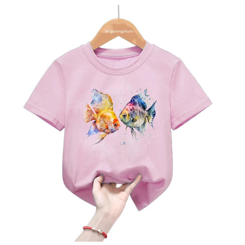 Camiseta con estampado de peces dorados de acuarela para niños y niñas, Tops de moda de verano, camiseta Harajuku Kawaii, ropa divertida - imagen 4