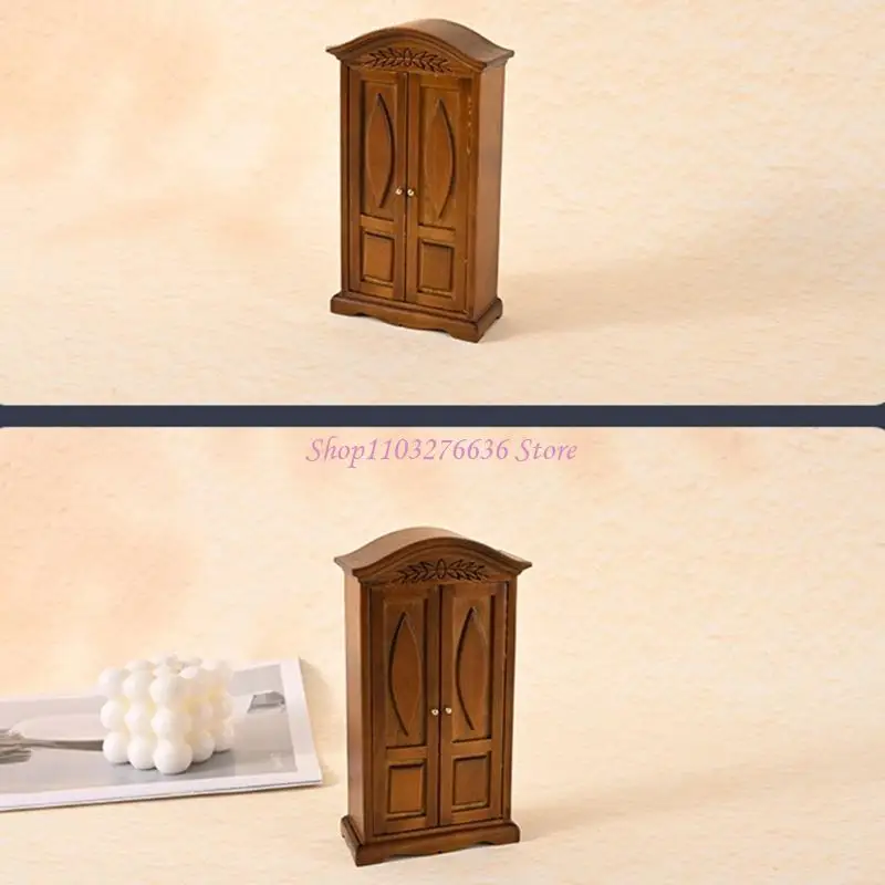 R6FD-armario Vintage para casas muñecas, armario madera en miniatura, puerta doble, modelo para decoraciones