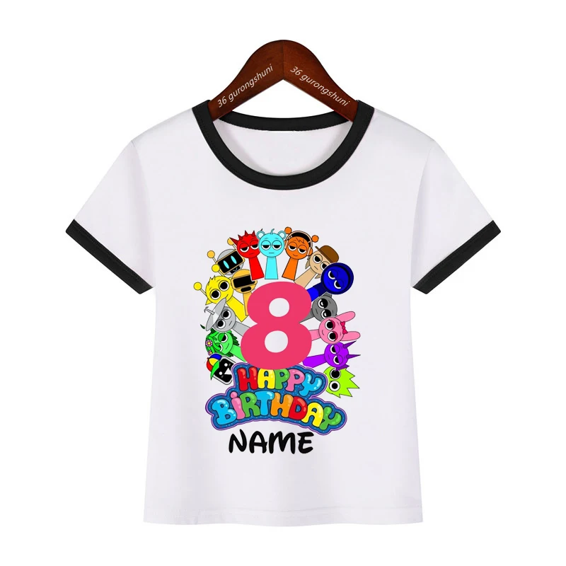 Camiseta con estampado de juego de personajes Sprunki de 8 cumpleaños con nombre personalizado, regalo de cumpleaños para niñas y niños, ropa Kawaii para niños, camiseta de verano - imagen 3