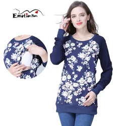 Sudadera floral de algodón para lactancia – Otoñal holgada con capucha