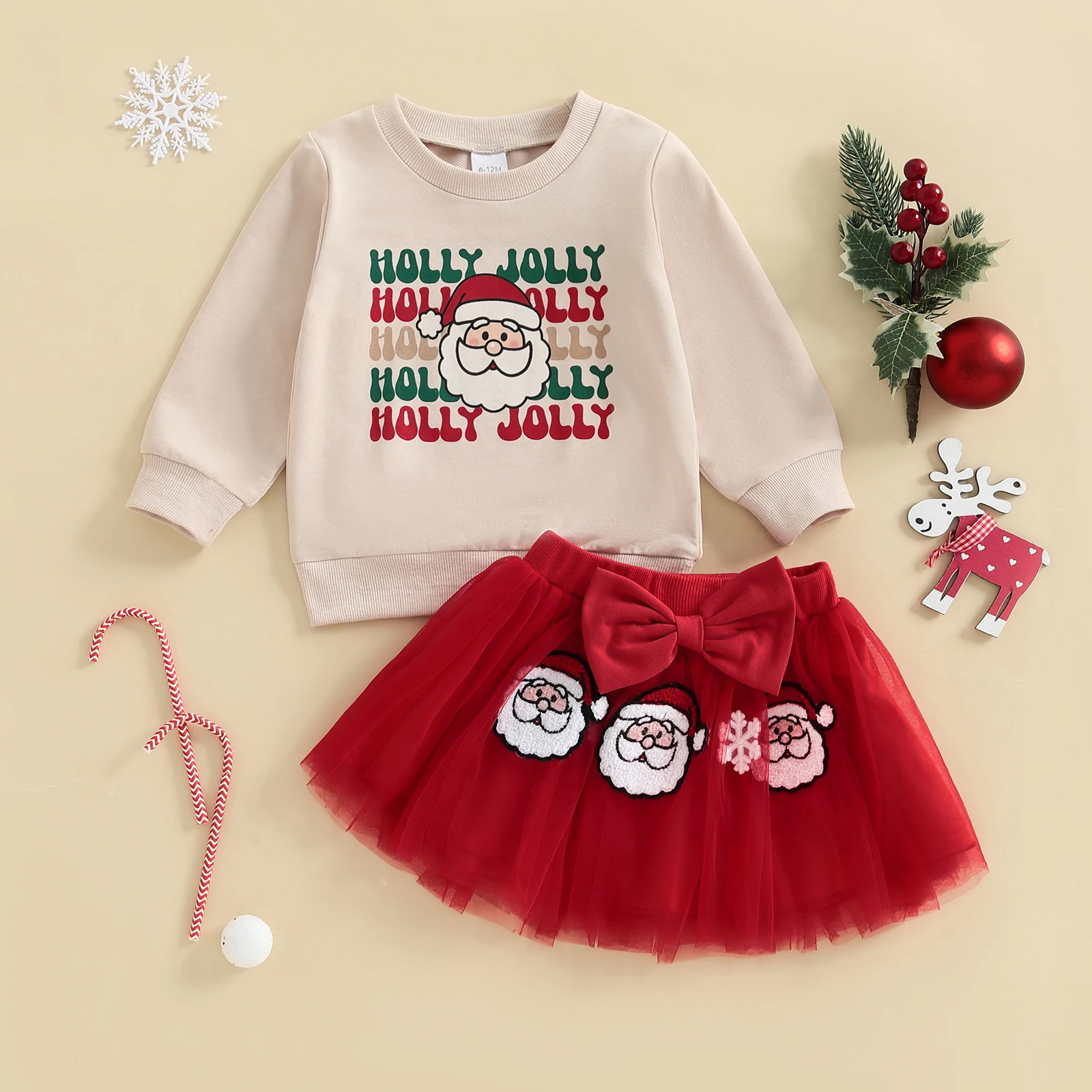 VISgogo Conjunto de falda de Navidad para niñas, 2 piezas, manga larga, con estampado de Papá Noel y letras, falda de tul de corte A