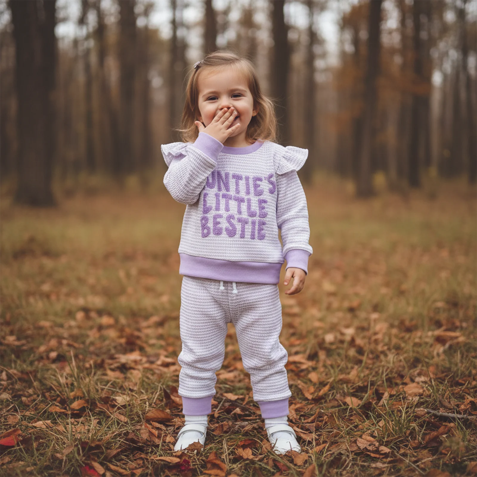 Suefunskry, trajes de primavera y otoño para niña, sudadera con letras de manga larga con volantes y pantalones de cintura elástica, conjunto de ropa para niños pequeños - imagen 2