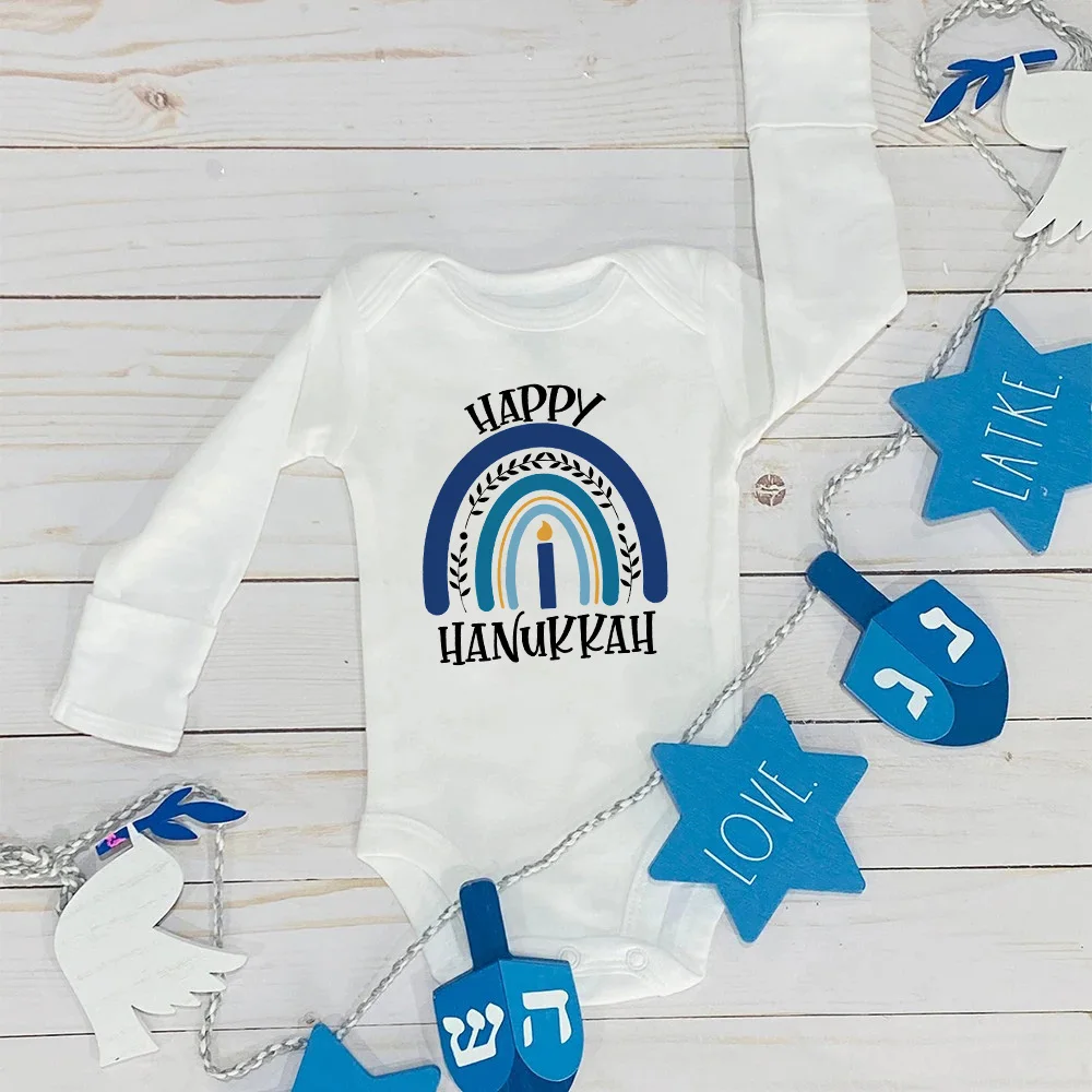 Body para bebé con estampado de arco iris de Happy Hanukkah, traje para recién nacido Chanukah, ropa infantil de vacaciones judías, pelele de manga larga para niño pequeño
