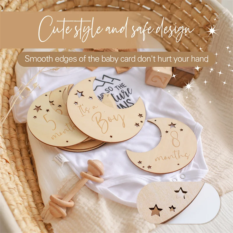 Tarjetas newborn grabadas en madera – Luna y estrella - imagen 3
