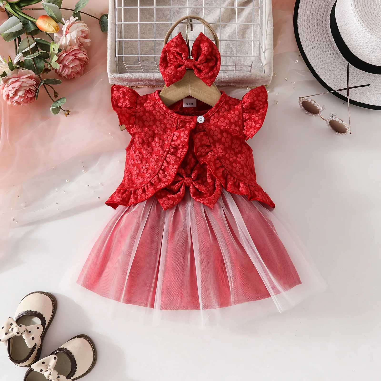 Ropa de verano de 3 piezas para niña, Tops coreanos con lazo de flores y vestido de princesa sin mangas de malla, conjuntos de artículos para recién nacidos B104 - imagen 3