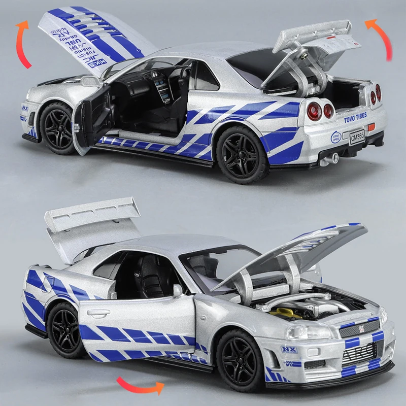 1:32 GTR R34 SKYLINE coche de simulación de aleación rápida modelo fundido a presión y vehículos de juguete y coches furiosos decoración juguetes para niños niño - imagen 3