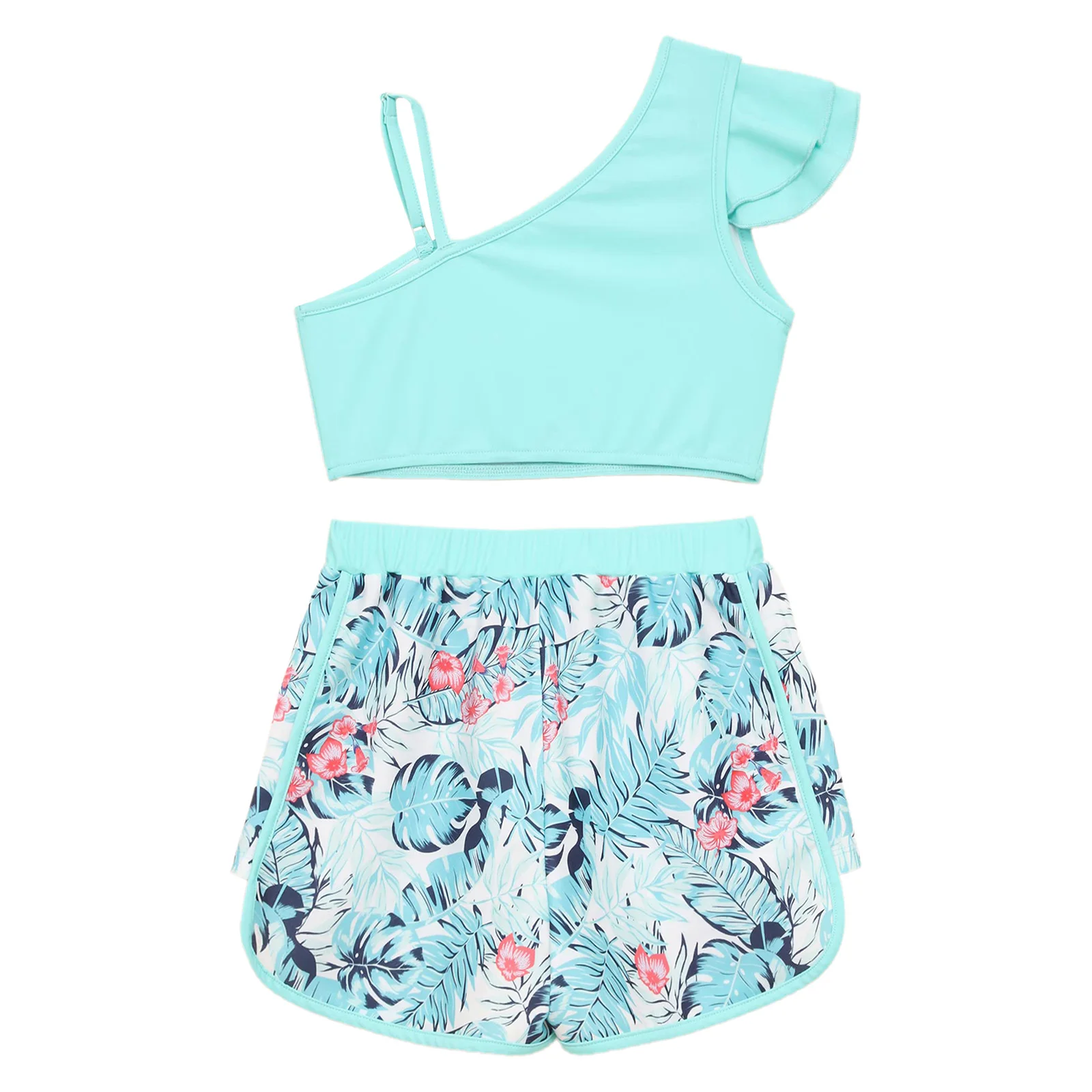 Bañador niña camiseta asimétrica pantalón corto estampado tropical - imagen 3
