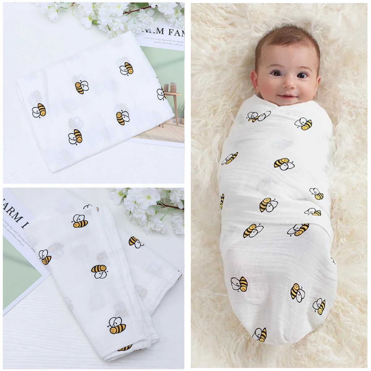 Manta Envolvente de Algodón para Recién Nacidos con Diseño de Abeja, Suave, Ligera y Transpirable, Manta Envolvente para Bebés, Cubierta de Lactancia, Sábana de Cuna, Manta para Bebés - imagen 4