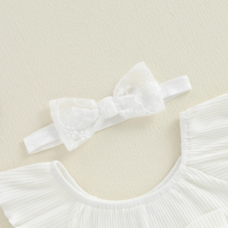 Suefunskry, vestido mameluco de verano para niña, Color sólido, manga mosca, cuello redondo, encaje acanalado, mameluco de retazos con diadema - imagen 3