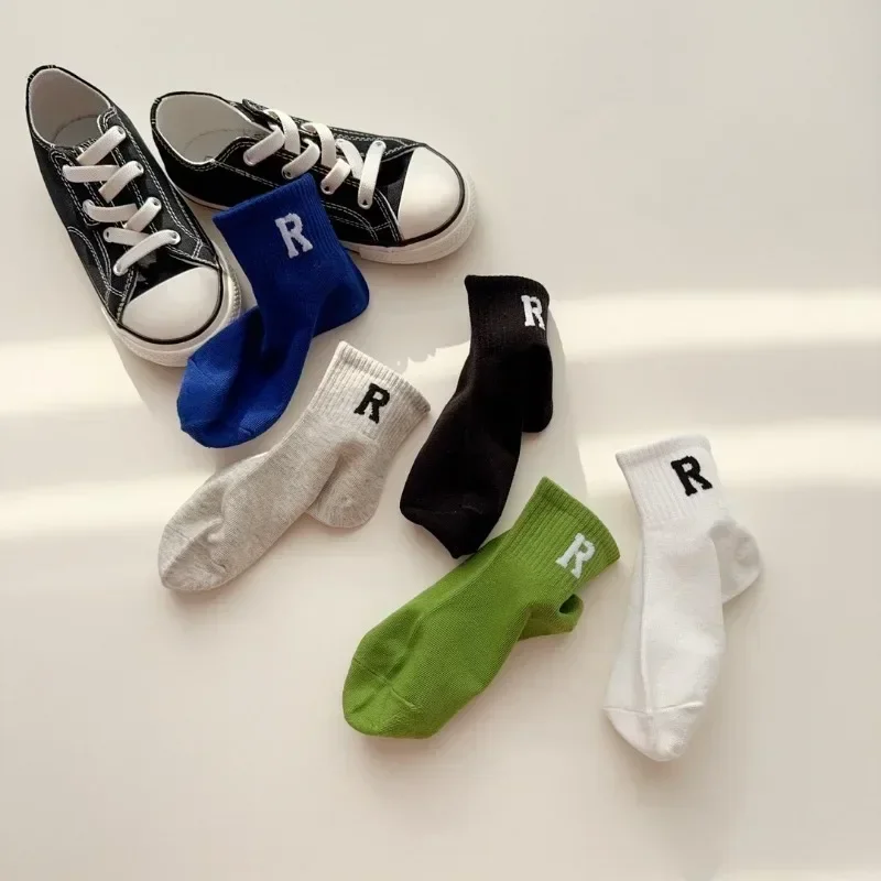 Caliente 5 par/set deporte moda pantorrilla calcetín para niños niño simplicidad letra R rayas calcetín escolar para niños primavera otoño 4-15 años así - imagen 3
