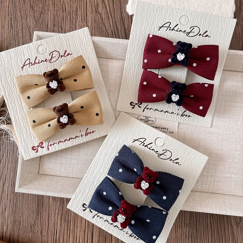 Korean Polka Dot Hair Clips for Girls Bow Flocked Bear Side Hair Clips Set Cute Children's Hair Accessories Non-Slip Grip Clips
