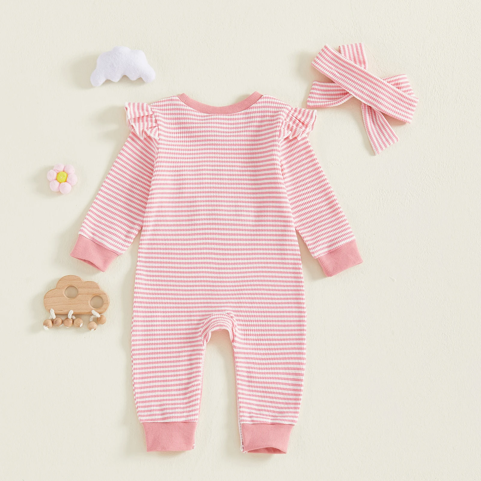 VISgogo Mameluco a rayas para niñas con bordado de letras, monos de manga larga con volantes y lindo conjunto de diadema - imagen 3