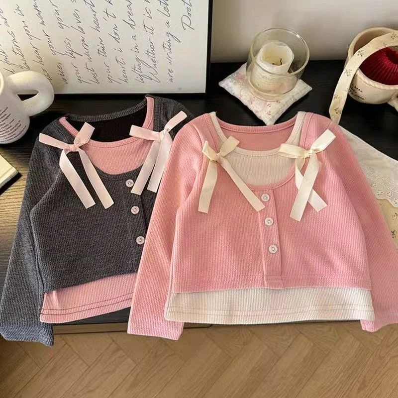 Camiseta dulce de primavera dos en uno para niñas, Top de manga larga con lazo, estilo coreano, camisa infantil versátil y moderna - imagen 2