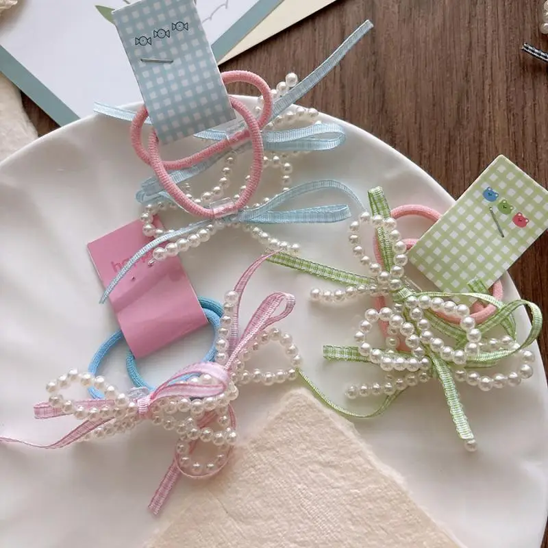 Accesorios para el cabello para niñas, Color caramelo, perlas de imitación dulces, banda de goma elástica, lazo a cuadros, cuerda para el cabello, herramienta de peinado para cola de caballo